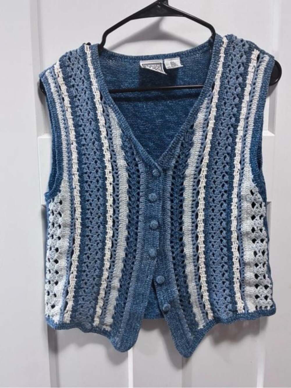 Russ Blue and Cream Crochet-Striped V-Neck Knit Vest